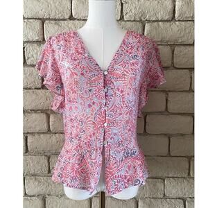 Nanette Lepore Paisley Flutter-Sleeve Peplum Blouse Size Medium